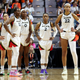 (L-R) Kelsey Plum #10, Chelsea Gray #12, Jackie Young #0, Riquna Williams #2 and A’ja Wilson #22 of the Las Vegas Aces react in the second half against the Connecticut Sun during game four of the 2022 WNBA Finals at Mohegan Sun Arena on September 18, 2022 in Uncasville, Connecticut. (Photo by Maddie Meyer/Getty Images)